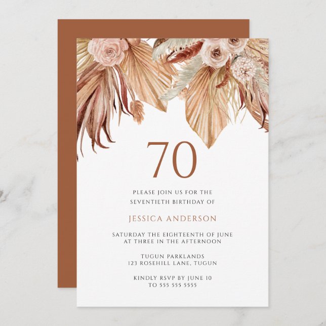 Invitation Bohème Floral Terracotta Boho 70e anniversaire (Devant / Derrière)