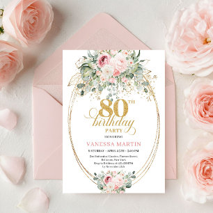 Invitation Bohème Intemporelle Fleurs Roses Dorées 80e Annive