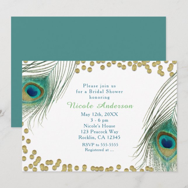 Invitation Bohème Luxueuse avec Plumes de Paon et  (Devant / Derrière)