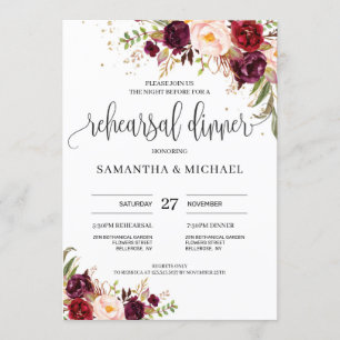 Invitation Bohème marsala rouge vif dîner de répétition rose