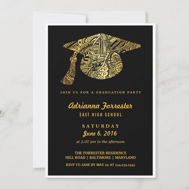 Invitation Bohème Motif Gold Casquette Grad Graduation Party (Devant)