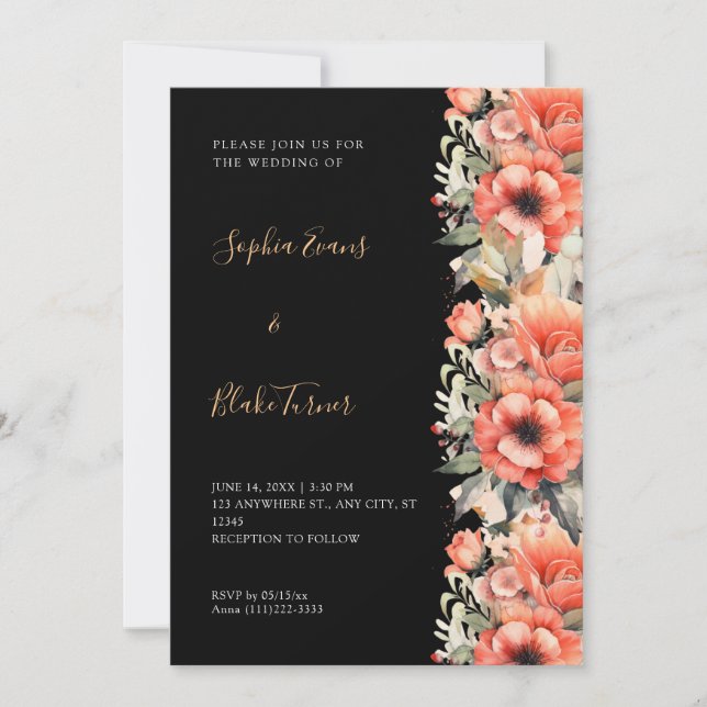 Invitation Bohème Orange Floral Automne Mariage noir (Devant)