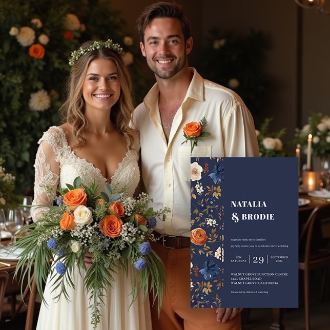 Invitation Bohème Peint Fleurs Marine Blue Rust Mariage (Bohemian Painted Flowers Navy Blue Rust Wedding Invitation. Models are AI-Generated.)