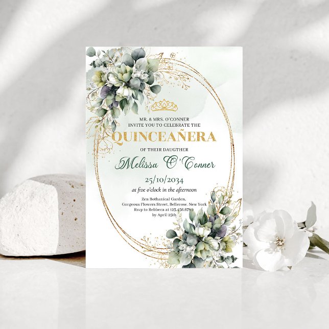 Invitation Bohème pour Quinceañera de couleur vert (Dusty Green Greenery Quinceañera Boho Invitation)