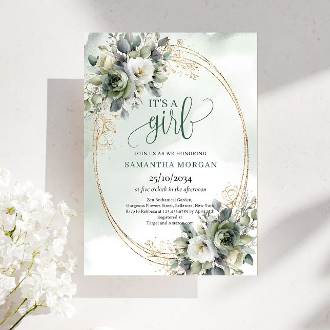 Invitation Bohème Poussiéreuse Verte Eucalyptus C' (Boho Dusty Green Eucalyptus It’s A Girl Invitation)
