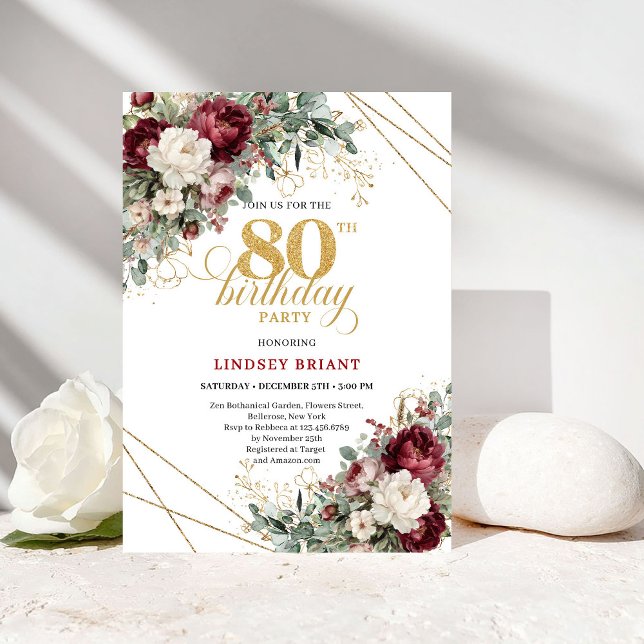 Invitation Bohème Romantique Bourguignonne 80e Anniversaire (Romantic Bohemian Burgundy 80th Birthday)