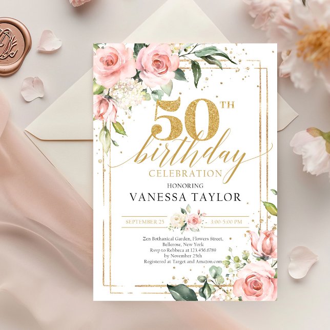 Invitation Bohème rose pâle verdure fleurie & or 50ème (boho blush pink flowers roses mixed green eucalyptus on gold frame 50th birthday invitation)