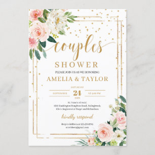 Invitation Bohême rose rose floral or couples douche