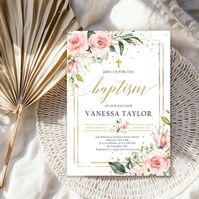 Invitation Bohême rose rose floral or parties scintillant bap (Bohemian blush pink floral gold glitter baptism invitation)