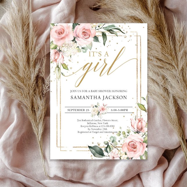 Invitation Bohème rose rousse or floral c'est une fille bébé (Bohemian blush pink floral gold it's a girl baby invitation)