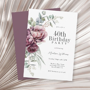 Invitation Bohème Rustique Fête des 40 ans Fleur Burgundy