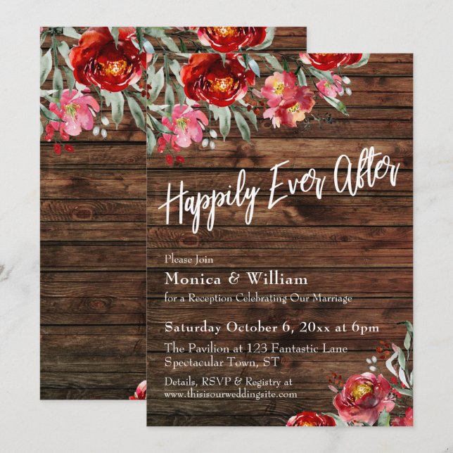 Invitation Bohème Rustique Rouge Bourguignon Floral Pour Touj (Devant / Derrière)