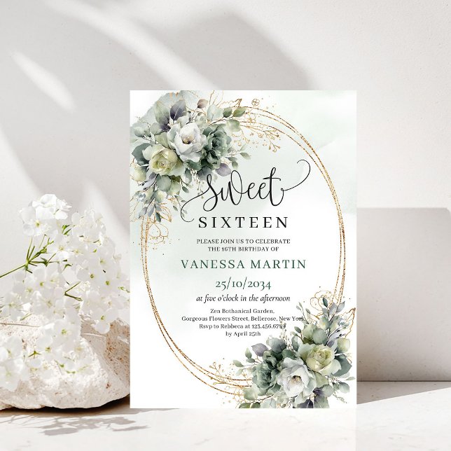 Invitation Bohème Sweet 16 Vert Sauge Eucalyptus (Bohemian Sweet 16 Sage Green Eucalyptus Invitation)