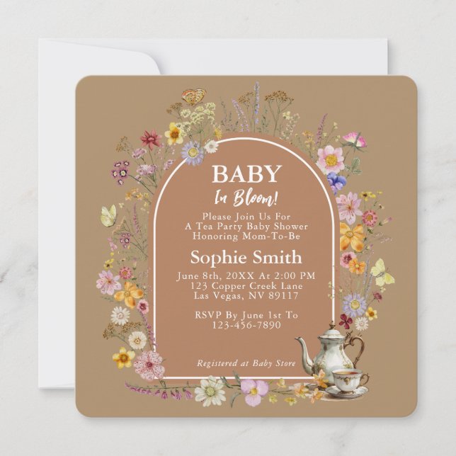 Invitation Bohème Tea Party Baby in Bloom Baby shower (Devant)