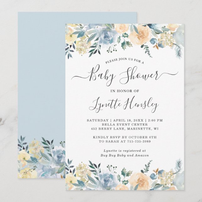 Invitation Bohème Vanille Bleu Baby shower Floral (Devant / Derrière)
