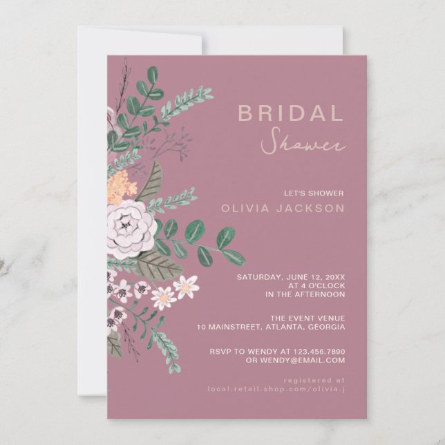 Invitation Bohème Vert & Mauve Chic Floral Fleurs Mariage  (Devant)