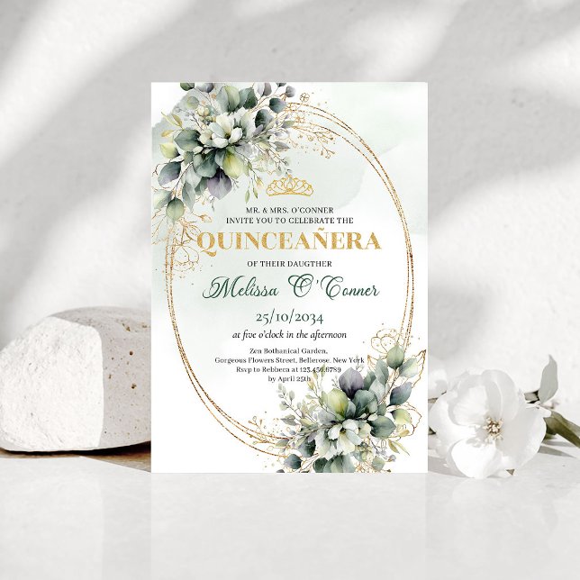 Invitation Bohème Verte et Or pour Quinceañera (Green And Gold Bohemian Quinceañera Invitation)