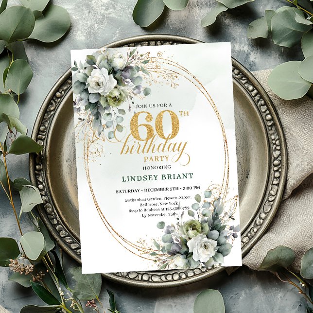 Invitation bohème verte pour les 60 ans d'Eucalypt (Eucalyptus 60th Birthday Boho Green Invite

)