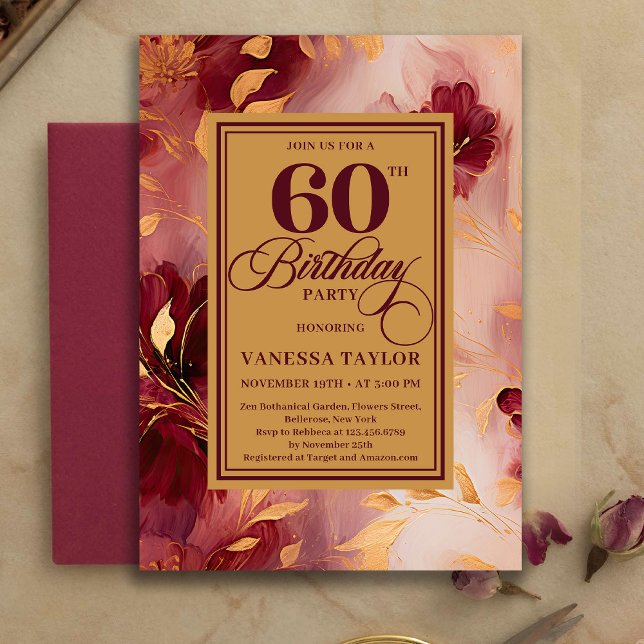 Invitation Bohemian 60th Birthday Burgundy Gold Watercolor  (Bohemian 60th Birthday Burgundy Gold Watercolor Invitation)