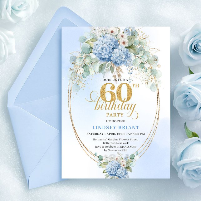 Invitation Bohemian bleu clair Floral 60e Annivers (Timeless Bohemian Light Blue Floral 60th Birthday)