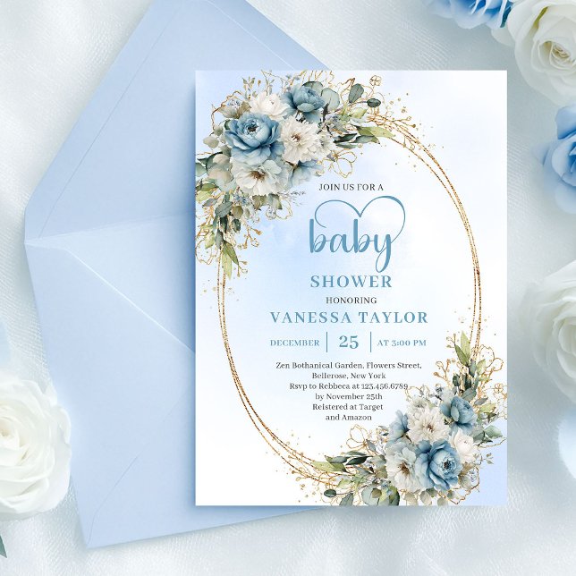 Invitation Bohemian Blue Floral Eucalyptus Gold Baby Shower  (Bohemian Blue Floral Eucalyptus Gold Baby Shower Card)
