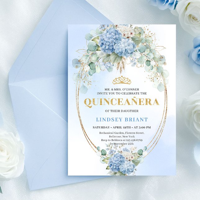Invitation Bohemian Blue Floral Eucalyptus Quinceañera Invite (Bohemian Blue Floral Eucalyptus Quinceañera Invite)