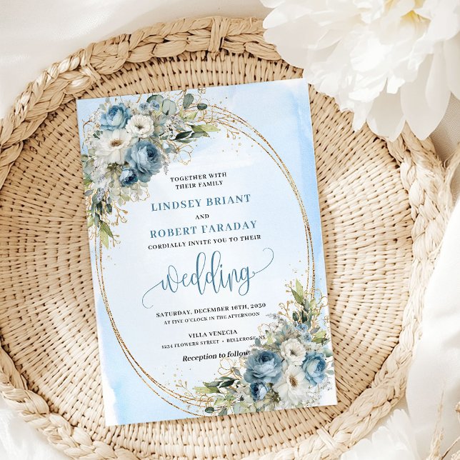 Invitation Bohemian Blue Flowers Greenery Gold Wedding Invite (Bohemian Blue Flowers Greenery Gold Wedding Invitation)