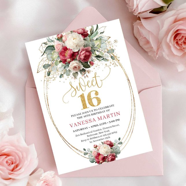 Invitation Bohemian Burgundy Blush Floral Gold Sweet Sixteen (Bohemian Burgundy Blush Floral Sweet Sixteen Invitation)