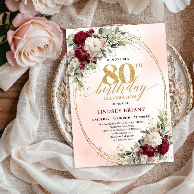 Invitation Bohemian Burgundy Floral Milestone 80th Birthday  (Bohemian Burgundy Floral Milestone 80th Birthday Invite)