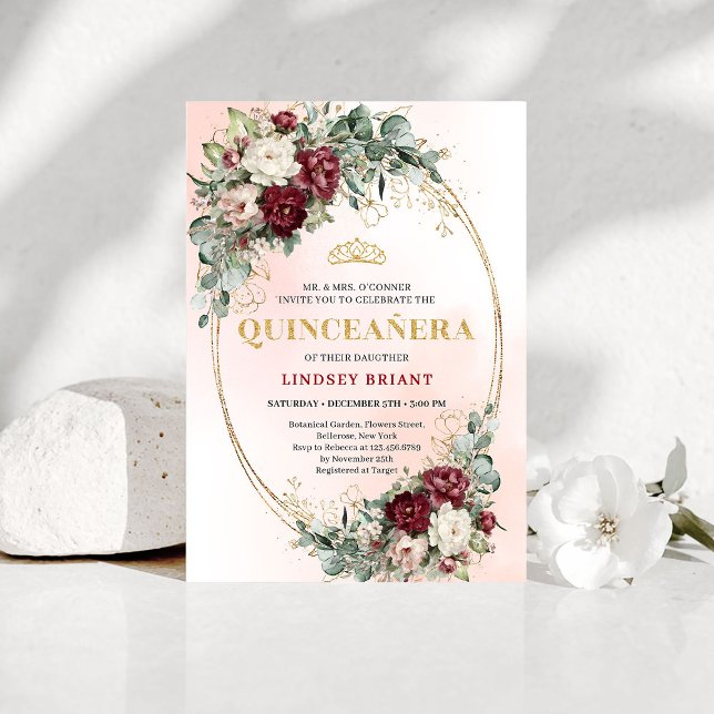 Invitation Bohemian Burgundy Peonies Eucalyptus Quince Invite (Bohemian Burgundy Peonies Eucalyptus Quince Invite)