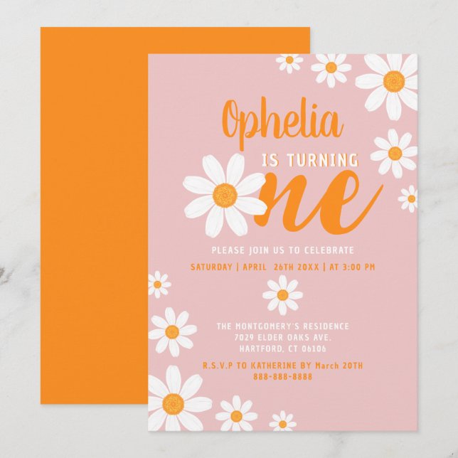 Invitation Bohemian Daisy 1er Anniversaire fête Dustday Rose  (Devant / Derrière)