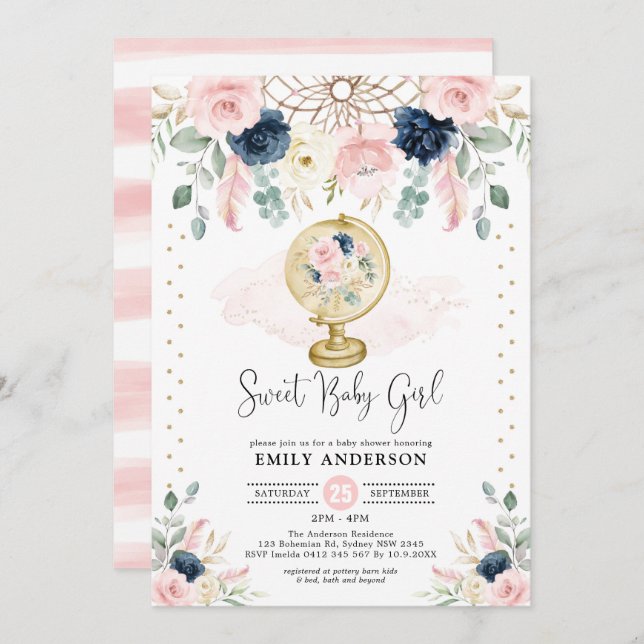 Invitation Bohemian Dreamcatcher Navy Blush Gold Baby shower (Devant / Derrière)