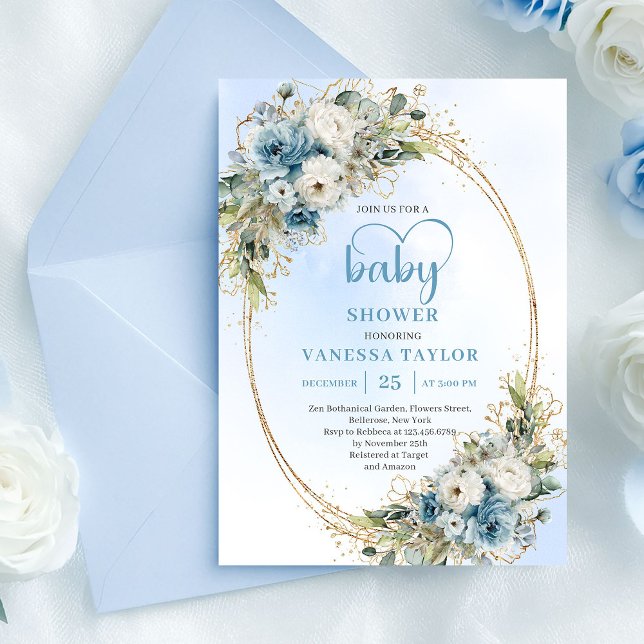 Invitation Bohemian Dusty Blue Floral Greenery Baby Shower  (Bohemian Dusty Blue Floral Greenery Baby Shower Invite.)