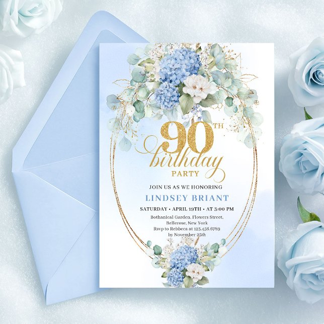 Invitation Bohemian Light Blue Floral Gold 90th Birthday (Bohemian Light Blue Floral Gold 90th Birthday)