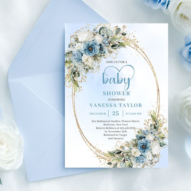 Invitation Bohemian Pastel Blue Floral Greenery Baby Shower  (Bohemian Pastel Blue Floral Greenery Baby Shower Invite)