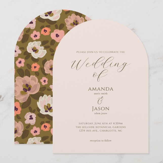 Invitation Bohemian romantic painted floral garden wedding (Devant / Derrière)