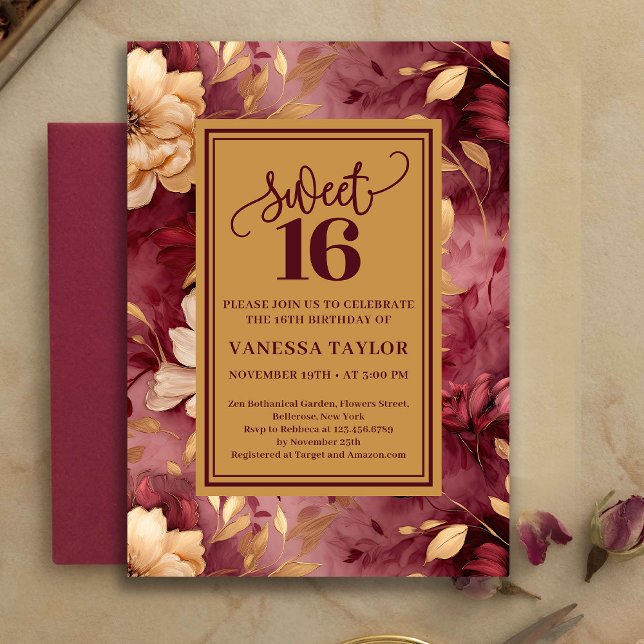Invitation Bohemian Sweet 16 Burgundy Blush Floral Invite (Bohemian Sweet 16 Burgundy Blush Floral Invite)