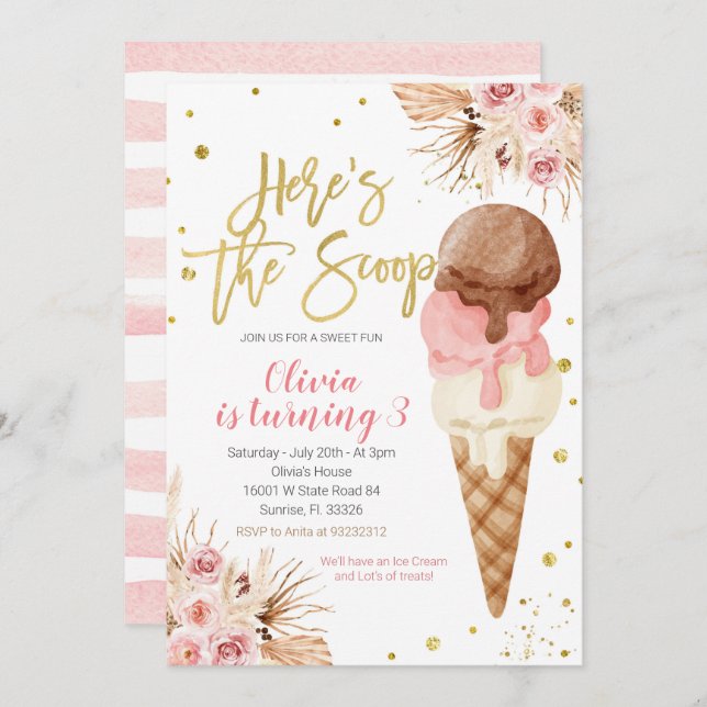 Invitation Bohemian Voici le scoop Ice Cream Birthday (Devant / Derrière)