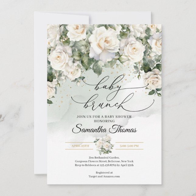 Invitation Bohemian White Roses and Eucalyptus baby brunch (Devant)