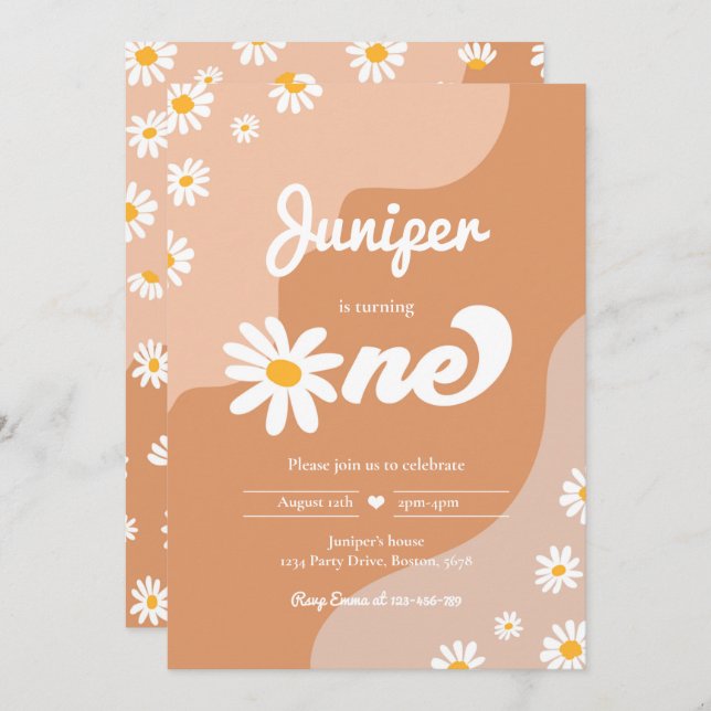 Invitation Boho 1er anniversaire Daisy Floral Super 70's Part (Devant / Derrière)