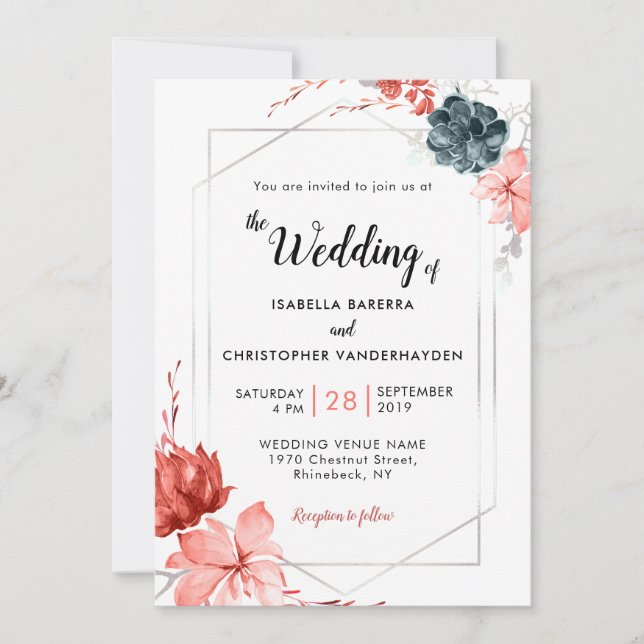 Invitation Boho 2019 Coral Floral Watercolor Mariage (Devant)