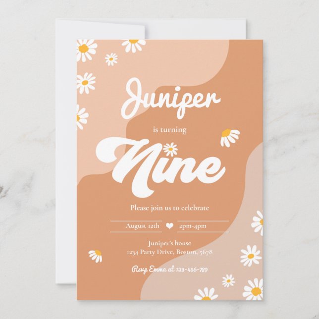 Invitation Boho 9th Birthday Daisy Floral Super 70's Party (Devant)