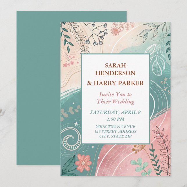 Invitation Boho Abstrait Mariage Floral Turquoise (Devant / Derrière)