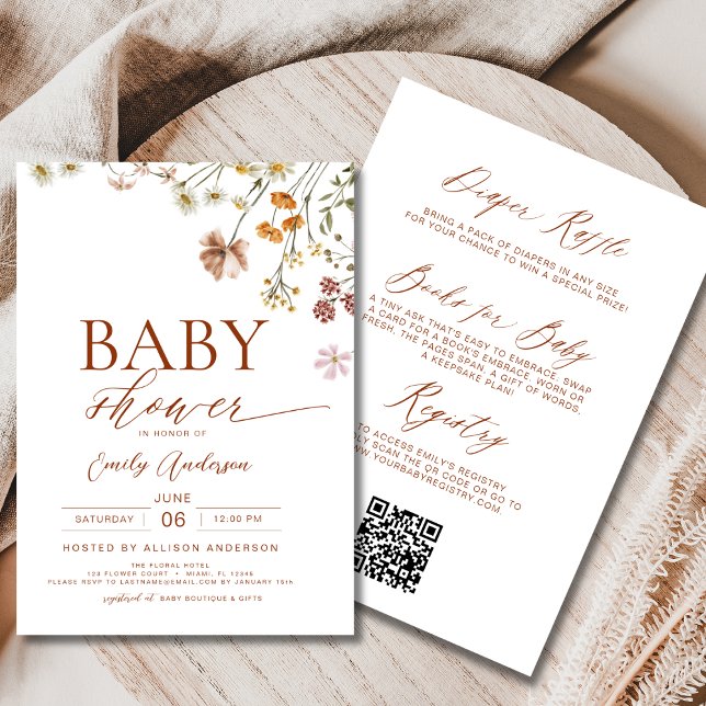 Invitation Boho All in One Fleur sauvage QR Code Baby shower (Créateur téléchargé)