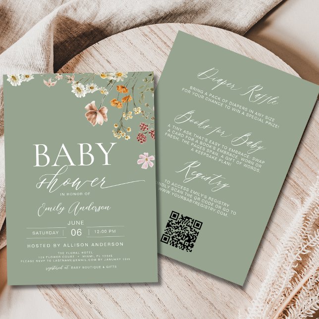 Invitation Boho All in One Fleur sauvage Sage Baby shower ver (Créateur téléchargé)