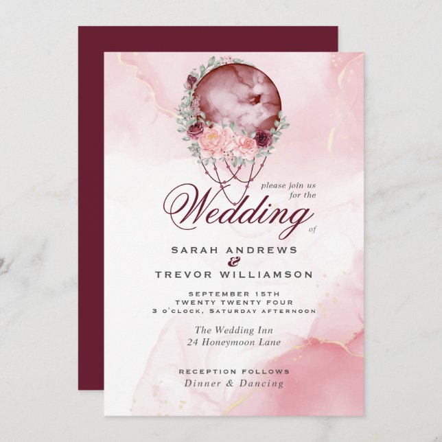 Invitation Boho All in One Mariage Pink Maroon Moo (Devant / Derrière)