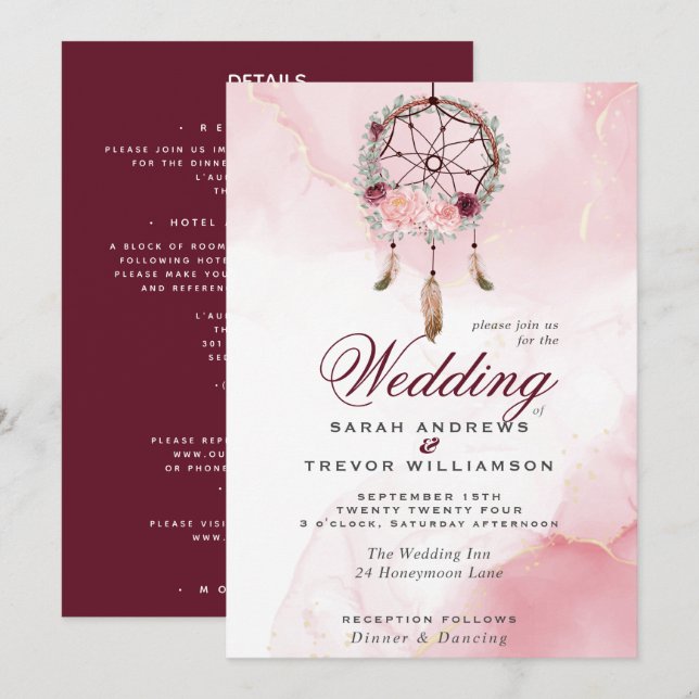 Invitation Boho All in One Mariage Rose Maroon Dream Catcher (Devant / Derrière)