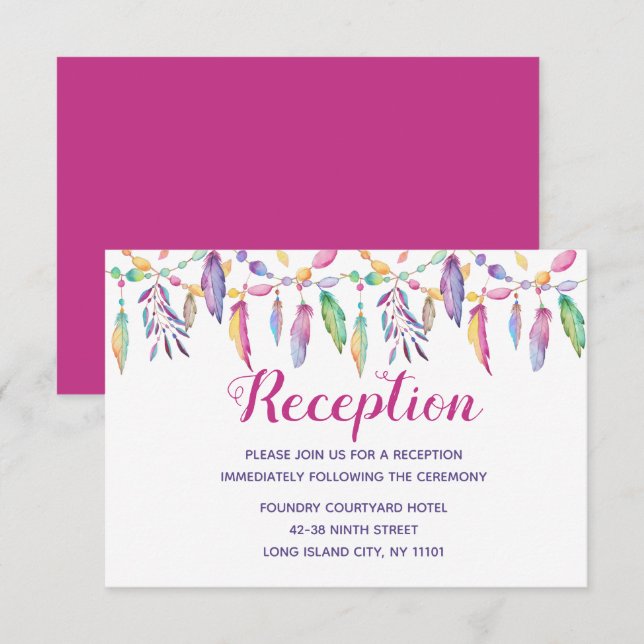 Invitation Boho Amérindien Mariage Indien Plume Violette (Devant / Derrière)