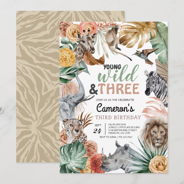 Invitation Boho Animal Safari Wild et trois Anniversaire (Devant / Derrière)