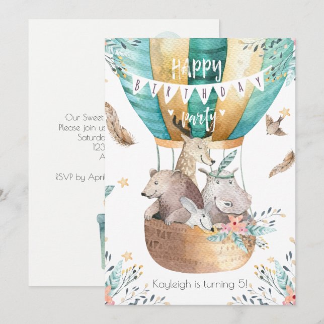 Invitation Boho Animaux Bébé Fête d'anniversaire de petite fi (Devant / Derrière)